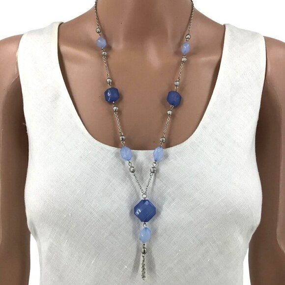 Beaded Necklace Chain Tassel Light Weight 25 Inch Length Silver Tone Blue - Picture 1 of 2